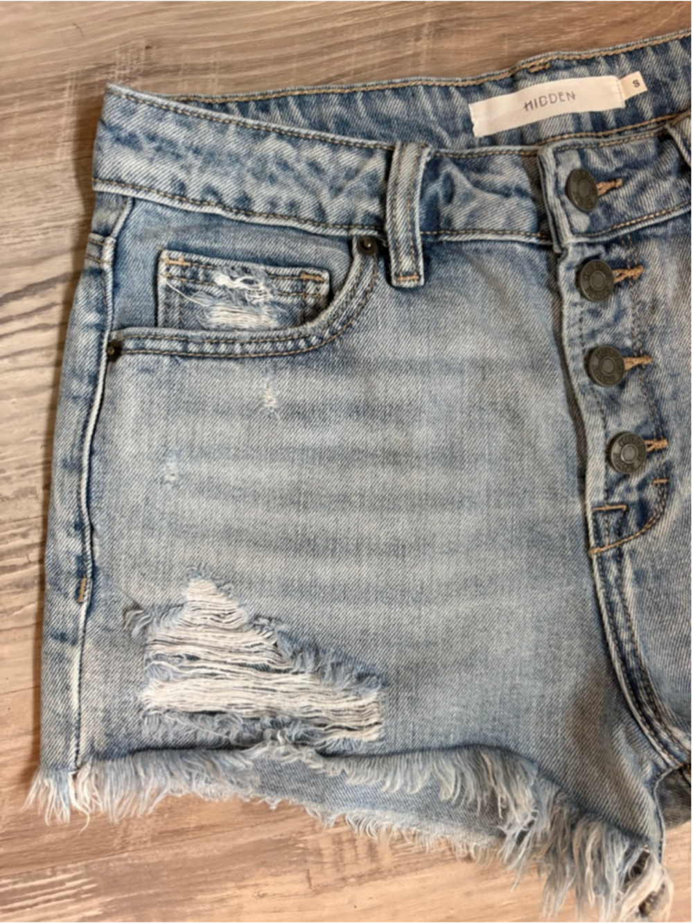 Hidden Jeans Distressed High Rise Denim Shorts Button Fly Light Wash S - Picture 5 of 12